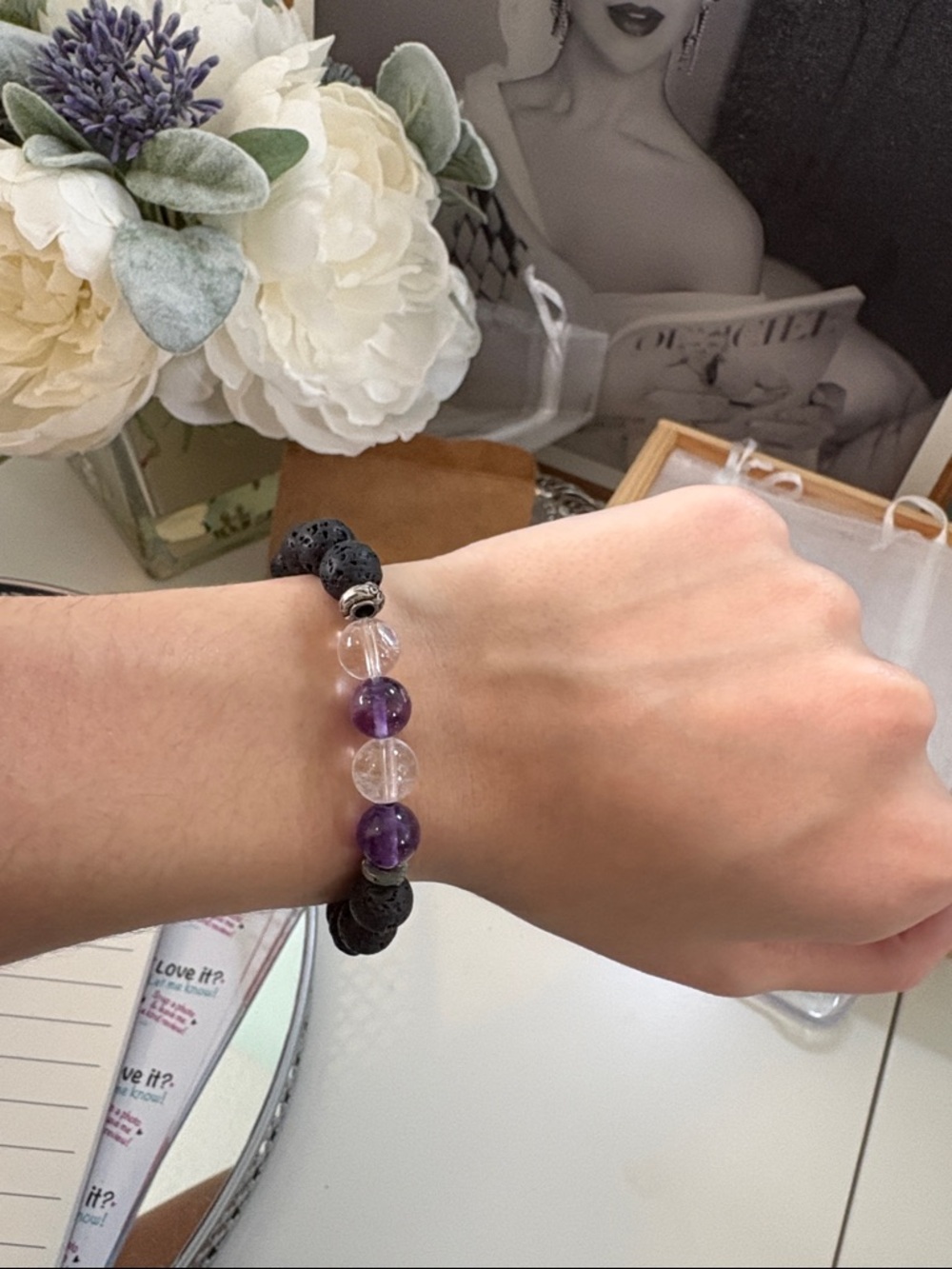 Amethyst, Clear Crystal & Black Lava Stretch Bracelet - Unbranded